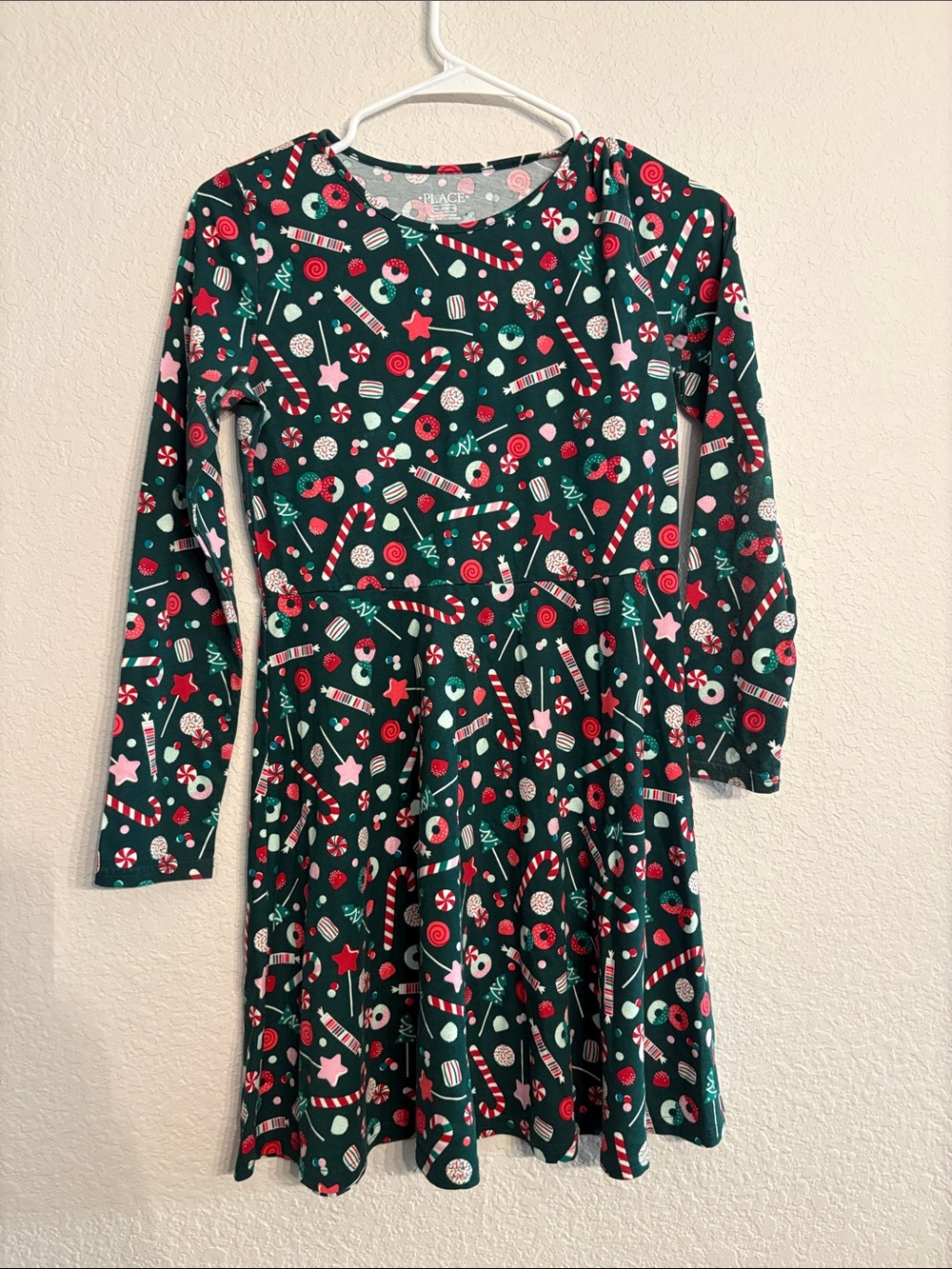 Children's Place Green Candy-Print Long Sleeve Holiday Dress